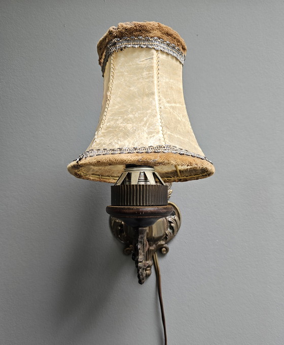 Image 1 of Lampade da parete in stile rococò francese, bronzo con paralumi in pelle