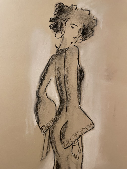 Paintings Signed Charcoal White Pastel Female Portrait "Fashion