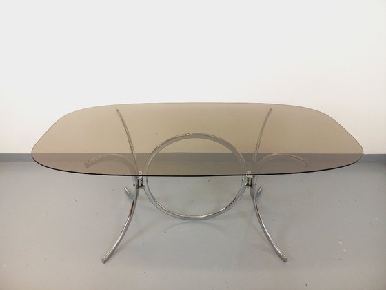 Image 1 of Table à manger rectangulaire arrondie vintage en verre fumé et métal chromé style Space Age des années 70