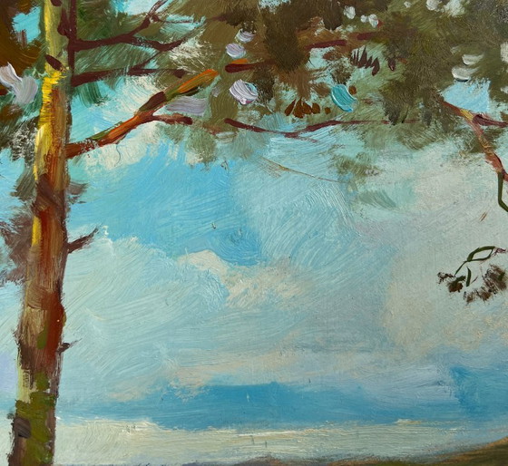 Image 1 of Pintura al óleo original Paisaje fluvial costero Río en los brazos del bosque