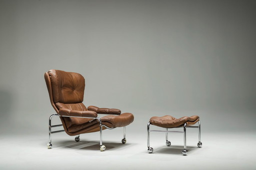  Schwedischer Sessel und Ottomane aus Chrom und braunem Leder von Scapa Rydaholm, 1960er Jahre