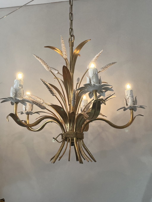 Lustre vintage original Hans Kögl, suspension à épis de blé dorés style Coco Chanel