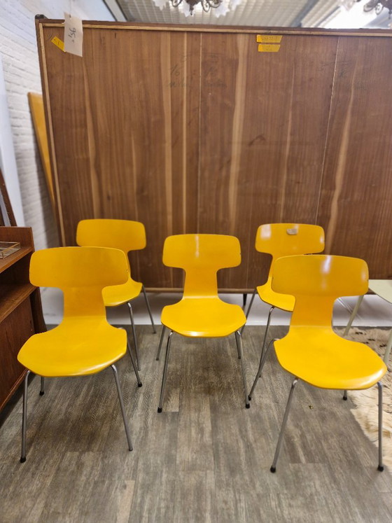 Fritz Hansen "Hammer" Sedie da pranzo (5) Modello 3103 – Arne Jacobsen (1974) – Metal, Wood, Vintage (photo 6 of 11)