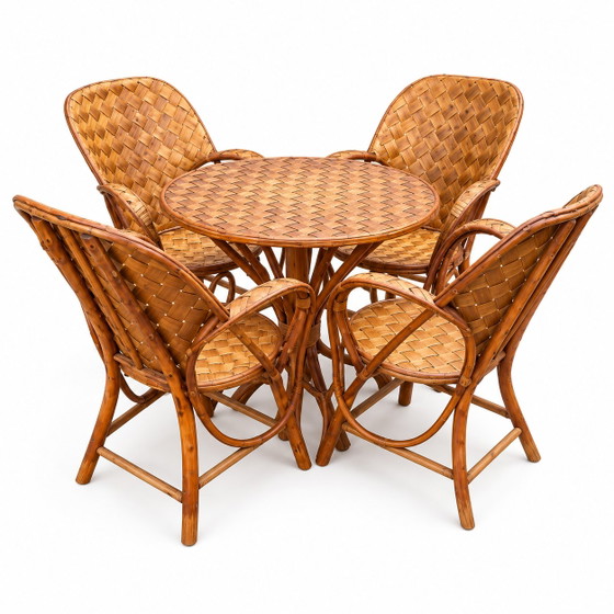 Set da giardino vintage in rattan intrecciato - tavolo rotondo e 4 poltrone – Set da salotto, Bamboo, Wicker (photo 2 of 15)