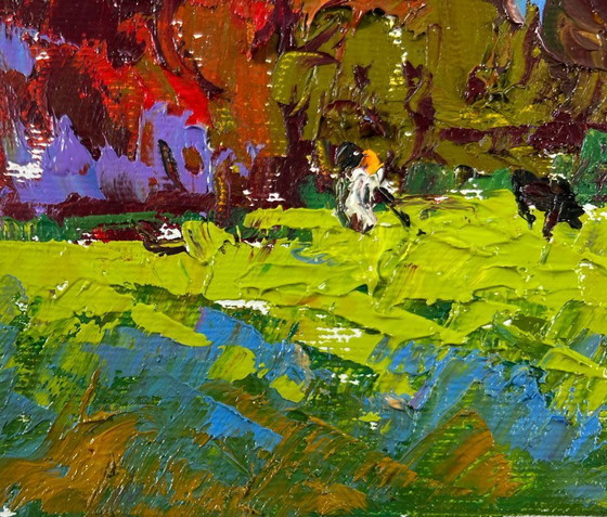 Image 1 of Original Oil Painting Summer Nature Landscape Cows on the meadow