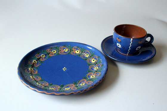 Image 1 of 2 Kaffeegedecke Keramik dunkelblau handgetöpfert handbemalt