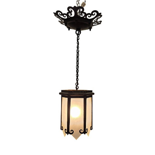 Wrought Iron Arts and Crafts Pendant Lamp, From Around 1900 – hanglampen, Glass