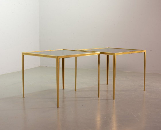 Image 1 of Elegant Hollywood Regency Minimalistic Solid Brass Side Tables with Smokey Glass Top by Vereinigte Werkstätten. Set of 2. 1970s.