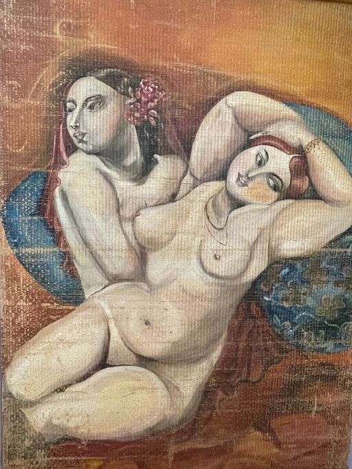 Decoratie in Art Deco- en kubistische stijl, geschilderd op bamboe.