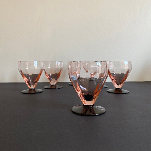 6 bicchieri da vino o da acqua rosa in stile art déco con stelo nero