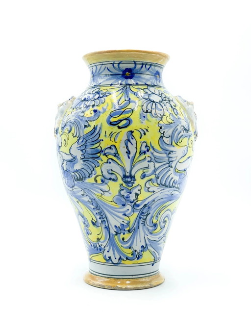 Vase en céramique italien bleu et jaune des années 1940