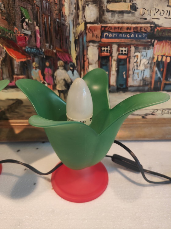 Image 1 of 2 lampes de table tulipe Vandeheg en verre vert/orange