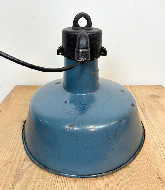 Image 1 of Industrial Blue Enamel Factory Lamp with Cast Iron Top, 1960s