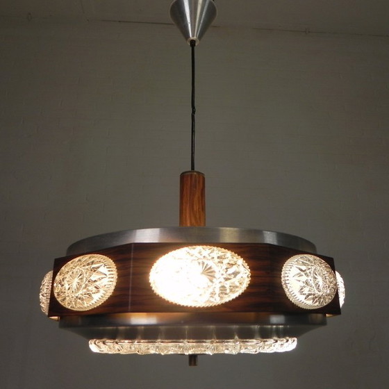 Image 1 of Vintage Lakro hanglamp met 9 ovalen glasplaatjes en 1 ronde glasplaat, jaren 70