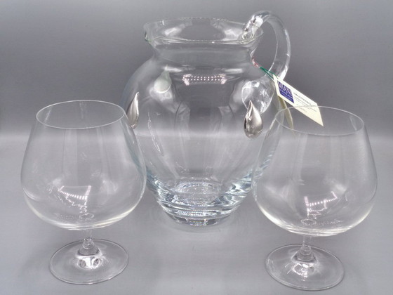 Image 1 of Karaf van geblazen glas met 3 druppels van 925 zilver en 2 proefglazen van geblazen glas.
