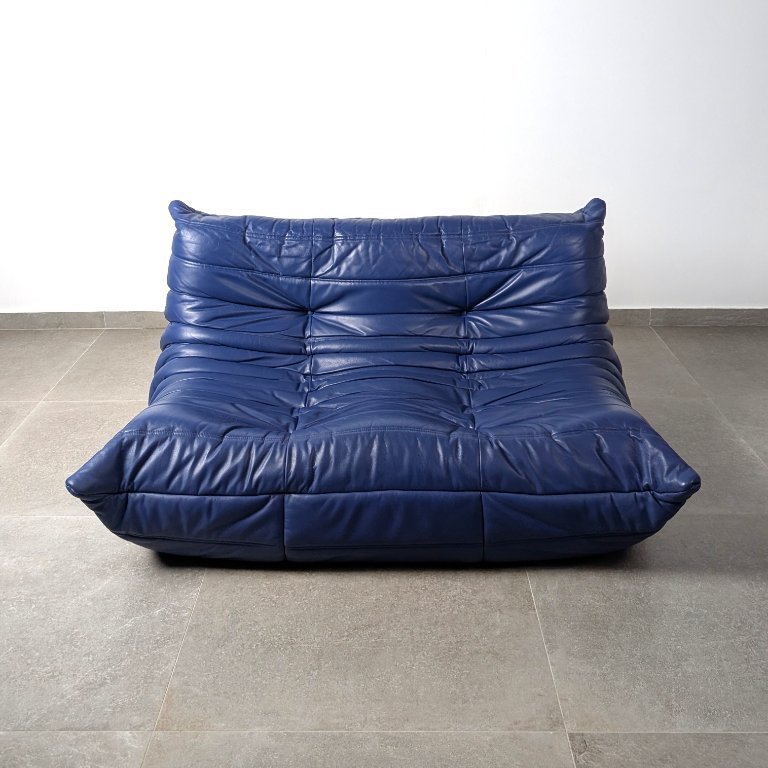 Michel Ducaroy Togo Loveseat in Blue Leather for Ligne Roset