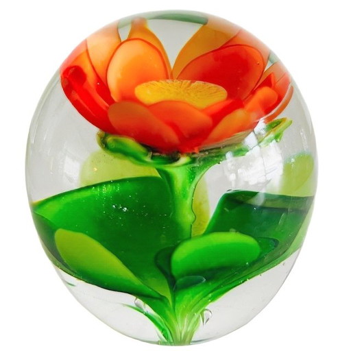 Vintage Murano glass paperweight orange flower 1970s