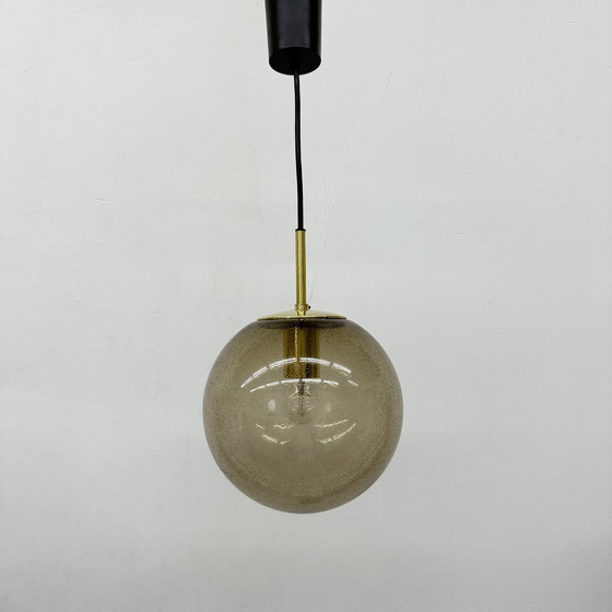 Image 1 of Limburg Glashütte Brass Smoked Glass Ball Pendant Hanging Lamp, 1970s