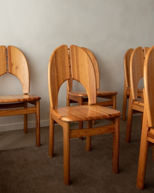 Skandinavische Esszimmerstühle aus Kiefernholz im Brutalismus-Stil, 1970er Jahre, 6er-Set