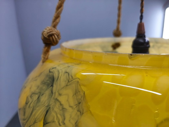 Image 1 of Art Deco hanglamp, gemarmerd glas en messing, jaren 1930