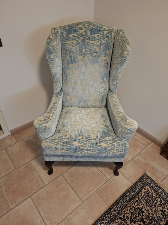 Schöner gepolsterter Sessel, Stoff, Holz, Blau (Foto 2 von 5)