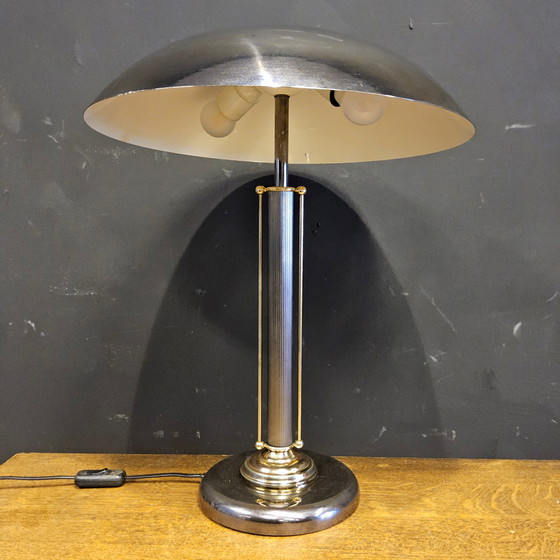 Image 1 of Vintage Chromen/Messing Paddestoel Lamp (Space Age Lamp) Bauhaus/Hollywood Regency Tafel Lamp