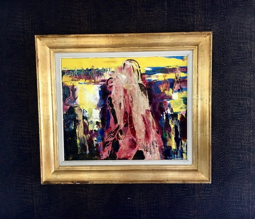 Composition abstraite de femmes, peinture sur toile signée par Paul Daxhelet, Belgique, années 1960