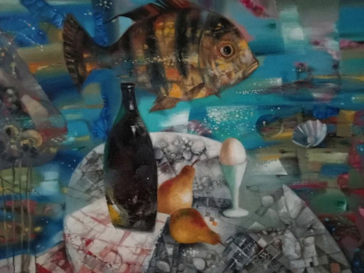 Peinture à l'huile originale Nature morte sous-marine abstraite avec poisson