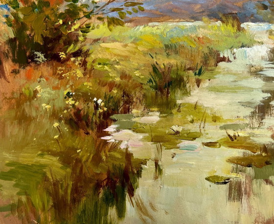 Image 1 of Original Oil Painting Autumn River Landscape A moment of silence by the river