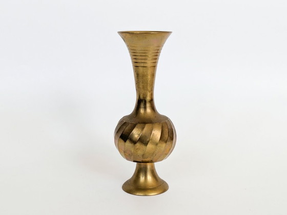 Vintage Solid Brass Trumpet-Shaped Pedestal Vase With Ribbed And Swirl Details (photo 2 of 15)