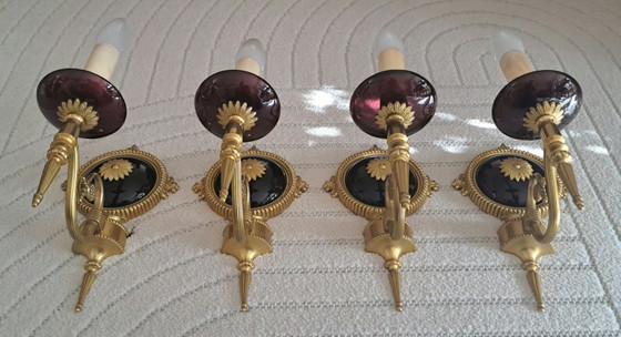 Set van 4 vintage wandlampen – aubergine glas & goud | Hollywood Regency – Metal, Brass (photo 10 of 13)
