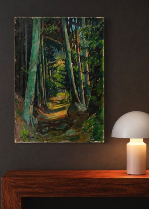 Very old oil painting on canvas, woodland