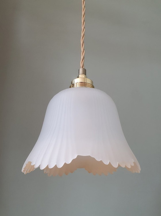 Image 1 of Lampe suspendue florale vintage en verre dépoli des années 1940-50.