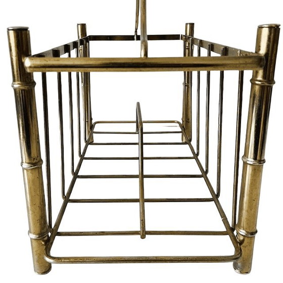 Image 1 of Vintage Hollywood Regency Faux Bamboo Newspaper Rack Magazine Basket Gold Metal Magazine Rack 1960s