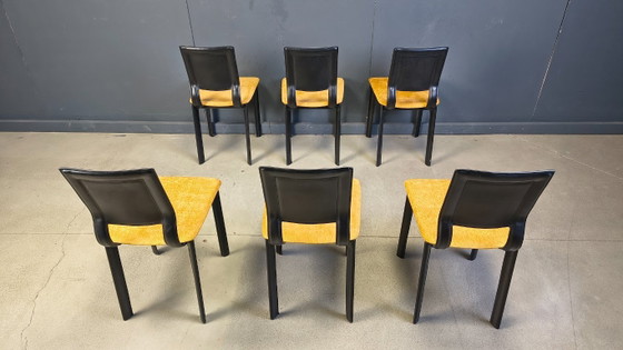 Image 1 of Vintage eetkamerstoelen van zwart leer en gele stof, set van 6, jaren 80