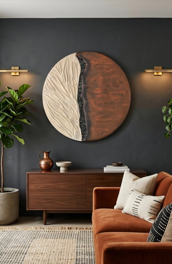 Image 1 of Celestial Duality" - 3D Textured Circle Wall Art, Copper & Plaster Relief Sculpture, Wabi Sabi Round Wall Decor