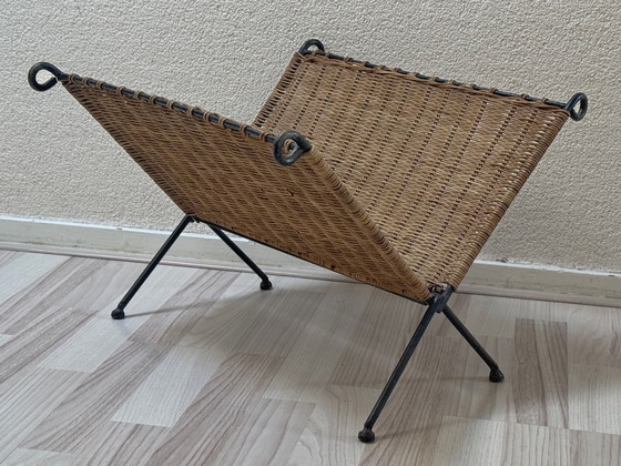 Image 1 of Vintage Rattan and Metal Magazine Rack