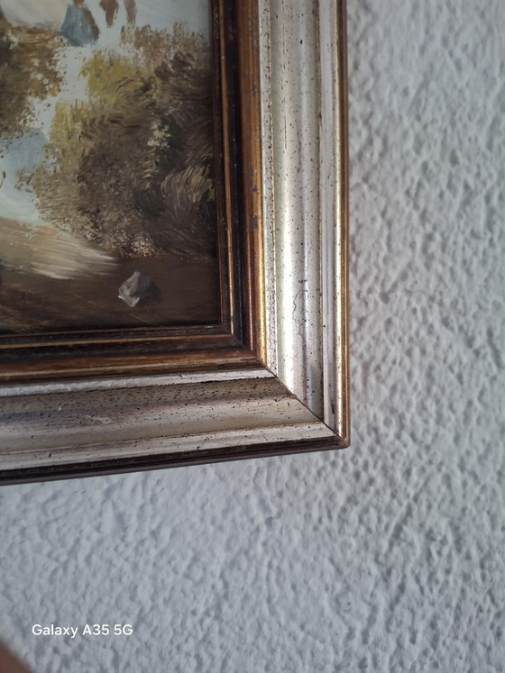 Image 1 of Oud olieverfschilderij, winterlandschap / schaatsers, gesigneerd Hoffmann, met lijst.