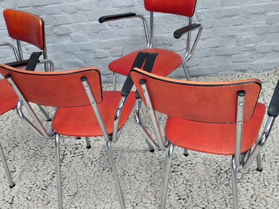 Image 1 of Set of 4 Vintage Design Chromed Frame Kitchen Chairs with Red Leatherette Upholstery. The Netherlands, 1960s