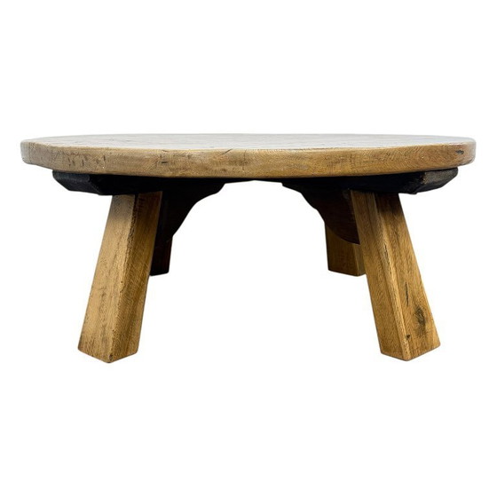 Image 1 of Rustic solid oak coffee table – round brutalist style – vintage European design