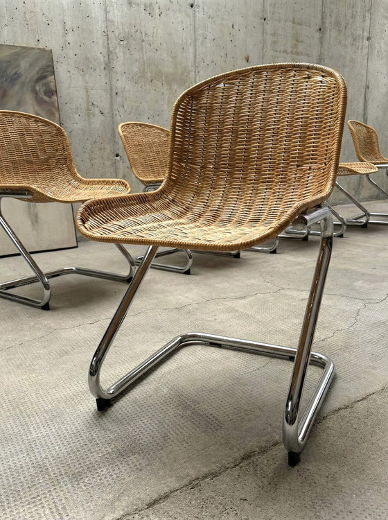 Image 1 of SET OF 6 RATTAN CHROME CANOPY CHAIRS IN THE GASTONE RINALDI STYLE, ITALY 1970s