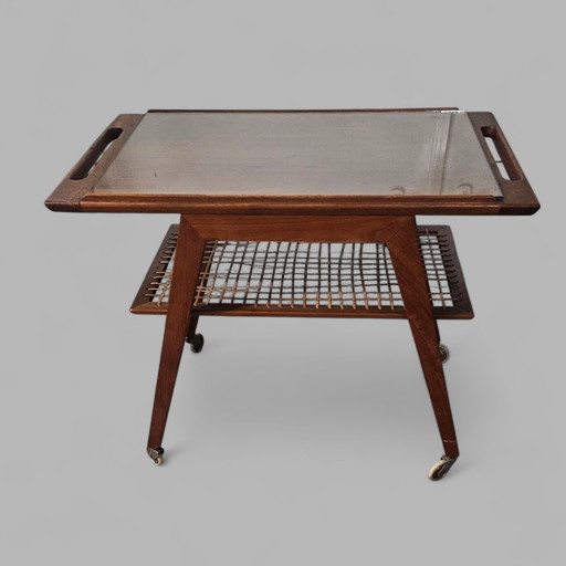 Mesa auxiliar de teca, carrito de servicio, carrito de bar, mesa auxiliar, Johannes Andersen, década de 1970