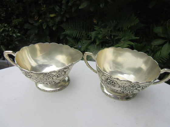 Image 1 of Silver plated Set of milk jug / creamer & sugar bowl, signed TK, vintage