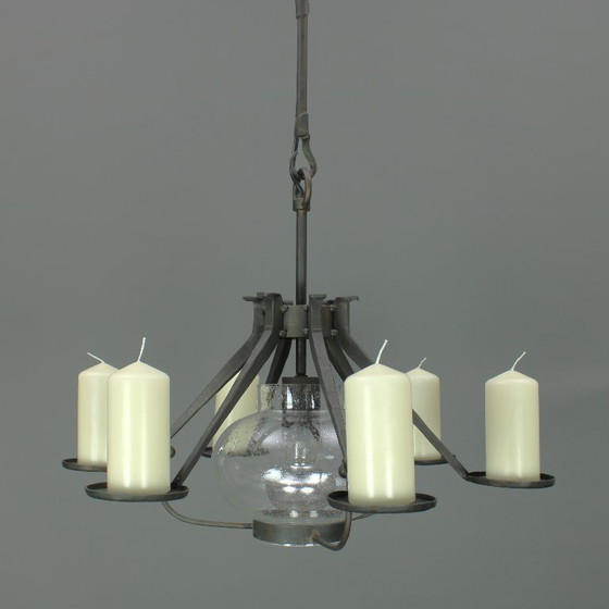 Image 1 of Manfred Bergmeister (1927-2019) - Brutalist handmade wrought bronze pendant lamp / six light candelabra