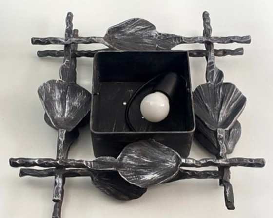 Image 1 of Pair of Brutalist wall sconces – Hand-Forged iron with Artistic glass – Italy 1960s–70s