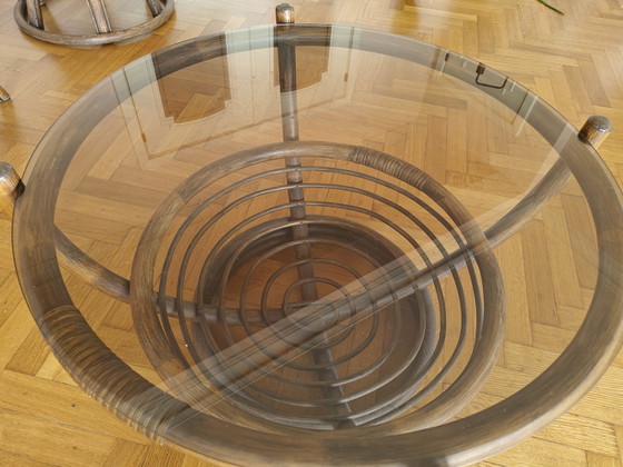 Set Rattan Mid-Century | Sedia, Sedia Girevole & Tavolo in Vetro Fumè – Set da salotto, Glass (photo 3 of 15)