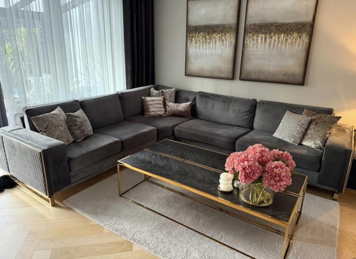 Luxe velvet hoekbank antraciet met gouden details