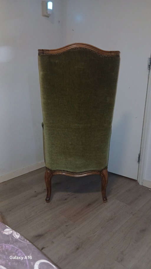 Sillón de trono barroco tapizado de primera calidad – Terciopelo verde oliva – En impecable estado – fauteuils (photo 2 of 8)