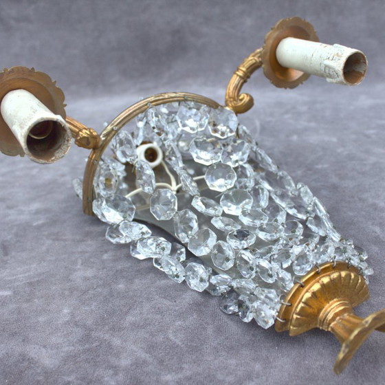 Image 1 of Antique set of 2 gilded brass sconces with crystal cutted drops romantic home decor from France