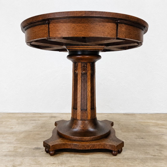Image 1 of Antieke Eiken houten Art Deco Speeltafel / kaart tafel  / ronde eettafel (uitschuifbaar)